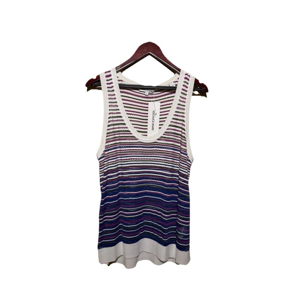 Veronica Beard Nabella Pointelle Sheer Striped Tank Top Purple Blue White XL